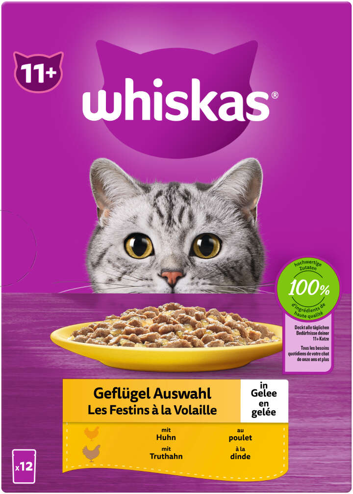 whiskas Katzen-Nassfutter Portionsbeutel Multipack 11+ Geflügel Auswahl in Gelee 12 x 85g